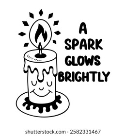 A glyph sticker of smiling candle with spark glows brightly typography 