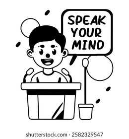 A glyph sticker of a student giving speech on a dias with speak your mind typography 