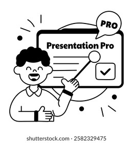 A glyph sticker of a student with presentation pro typography 