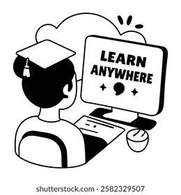 A glyph sticker of a student taking online class with learn anywhere typography 