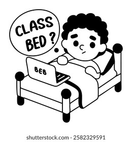 A glyph sticker of a student taking online class on a bed