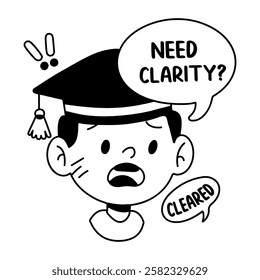 A glyph sticker of a student wearing graduation cap saying need clarity 