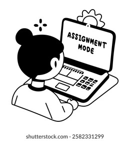 A glyph sticker of a student working on laptop with assignment mode typography 