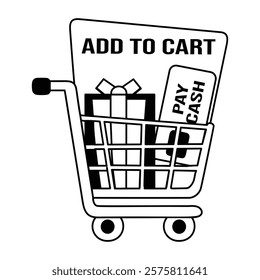 A glyph sticker of a trolley with a gift box, a credit card, and the text add to cart 