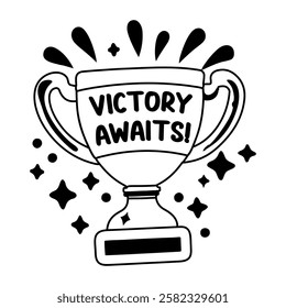 A glyph sticker of a trophy with victory awaits text written on it 