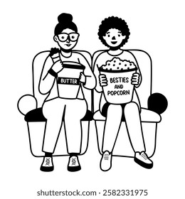 A glyph sticker of two besties watching movie and eating popcorns 