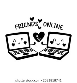 A glyph sticker of two cute laptop characters with online friends typography 