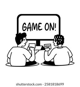 Glyph sticker of two friends playing together, with the words game on displayed on a screen