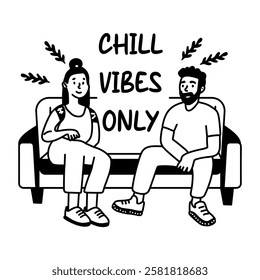 A glyph sticker of two friends sitting on sofa with chill vibes only typography 