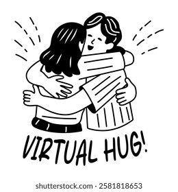 A glyph sticker of two friends with virtual hug typography 