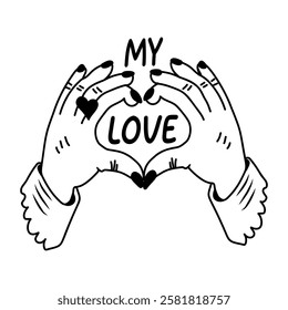 A glyph sticker of two hands forming a heart shape, with the word love in the middle