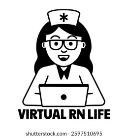 A glyph sticker of virtual rn working on a laptop 