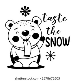 A glyph sticker of winter bear with taste the snow typography 

