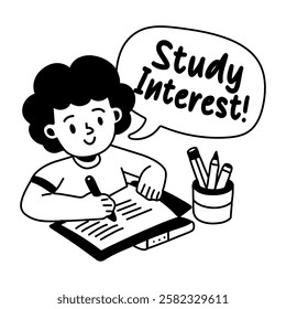 A glyph sticker of a writing character with study interest typography 