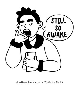 A glyph sticker of a yawning character with still so awake typography 