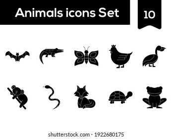 Glyph Style Animals Icons Set On White Background.