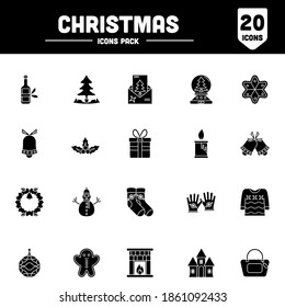 Glyph Style Christmas Icon Set On White Background.