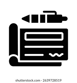 A glyph style icon depicting a signed cheque