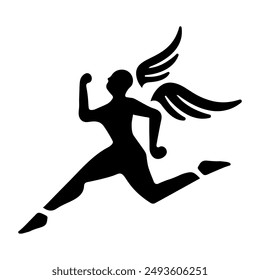 A glyph style icon of running winged man 