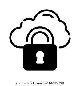 A glyph style icon of secure cloud with a padlock on it
