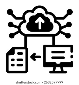 A glyph style icon showing data upload process
