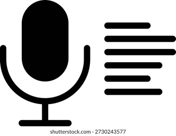 Glyph style icon of voice transcript representing conversion of spoken audio into written text using AI.