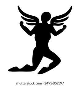 A glyph style icon of a winged man 