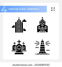Glyph style icons set representing various buildings, silhouette illustration.