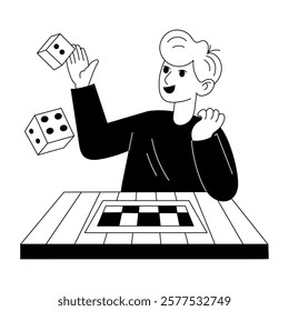 A glyph style illustration of a character tossing dice on gambling table 

