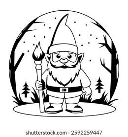 A glyph style illustration of a dwarf standing in a forest 