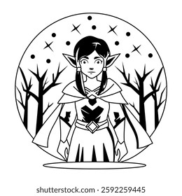 A glyph style illustration of elf girl character standing in a forest 