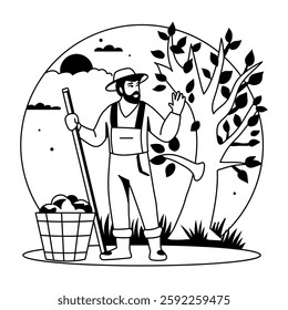 A glyph style illustration of a farmer standing in a cozy night 