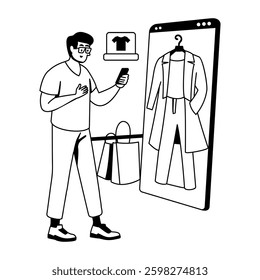 A glyph style illustration of man doing online shopping 

