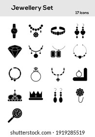 Glyph Style Jewellery Icon Set On White Background.