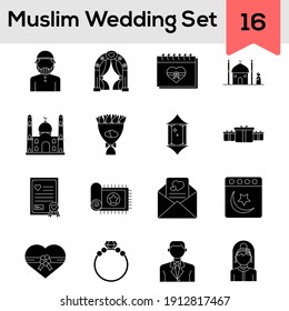 Glyph Style Muslim Wedding Icon Set On White Background.