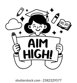 A glyph style sticker of a character holding aim high banner 