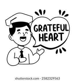 A glyph style sticker of graduation student saying grateful heart 