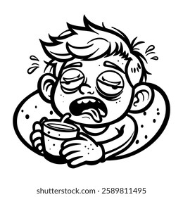 A glyph style sticker of a tired boy holding a cup 