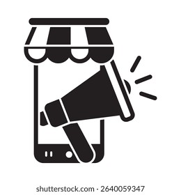 Glyph style vector icon representing mobile marketing in financial strategy and business planning.
