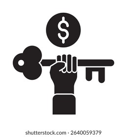 Glyph style vector icon representing key succes in financial strategy and business planning.