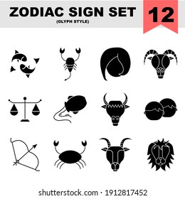 Glyph Style Zodiac Icon Set On White Background.