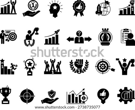 Glyph Success Icon Set. Vector Icons: Goal, Trophy, Achievement, Strategy, Security, Motivation, Potential, Victory, Solution, Reward, Mission, Triumph, and More