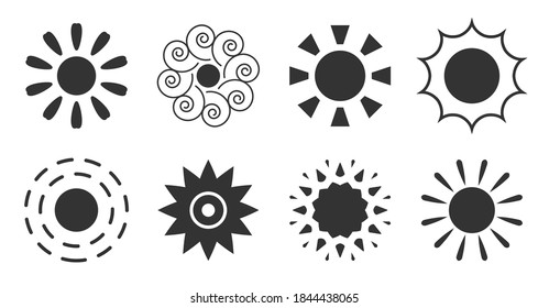 Symbole der Hypischen Sonne untergehen. Einfache schwarze Silhouette signiert warmen Sommermorgen. Grafisches Symbol Wetterbild mit Röntgen. Logo-Design-Vorlage für Meteorologie-Web-App. Einzeln auf weißer Vektorgrafik