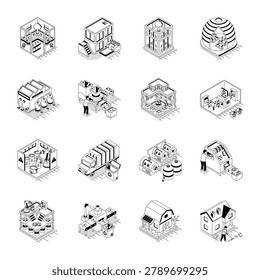 Glyph sustainability set featuring vertical farms, recycling plants, waste facilities, garbage trucks, solar houses, home repair visuals.

