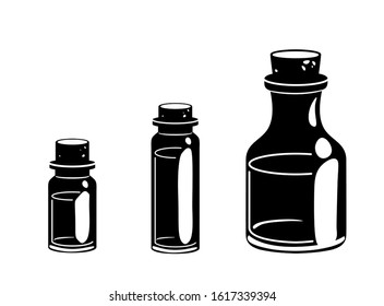 Glyph three vials icon. Massage oil for beauty spa salon. Essential fragrance aromatherapy black silhouettes. Wellness perfume. Medical ayurveda isolated Vector pictogram.