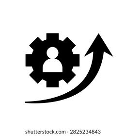 Glyph upskill icon featuring a person inside a gear with a curved upward arrow representing skill improvement, professional development, training, and career advancement.