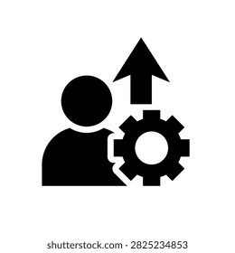 Glyph upskill icon featuring a person, gear, and upward arrow representing skill development, employee training, career growth, and professional improvement.