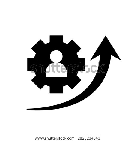 Glyph upskill icon featuring a person inside a gear with a curved upward arrow representing skill improvement, professional development, training, and career advancement.