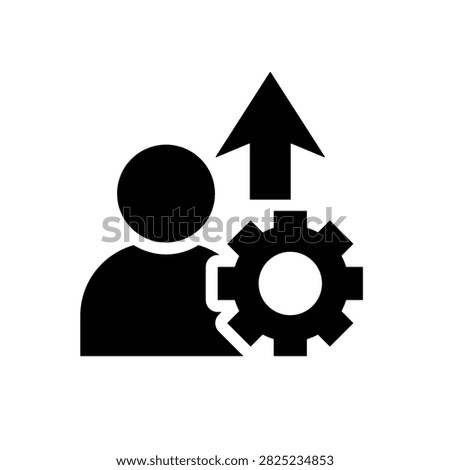 Glyph upskill icon featuring a person, gear, and upward arrow representing skill development, employee training, career growth, and professional improvement.