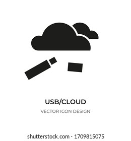 Glyph usb and cloud icons. Graphic sign digital tool technology storage information. Template logo design for web site, app, ui. Pictogram simple silhouette transfer data. Isolated vector illustration